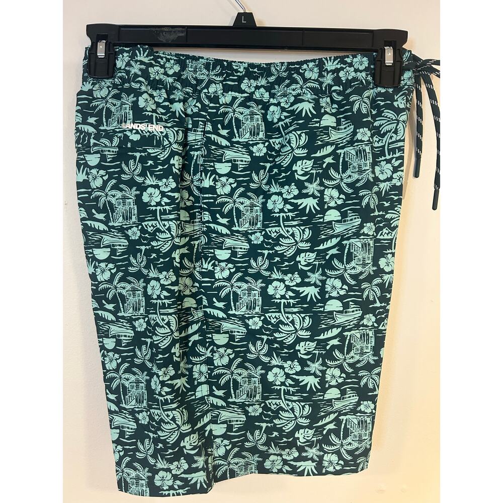LANDS END Sz L Green Volley Swim Shorts dark green Tropical Liner Beach Vacation